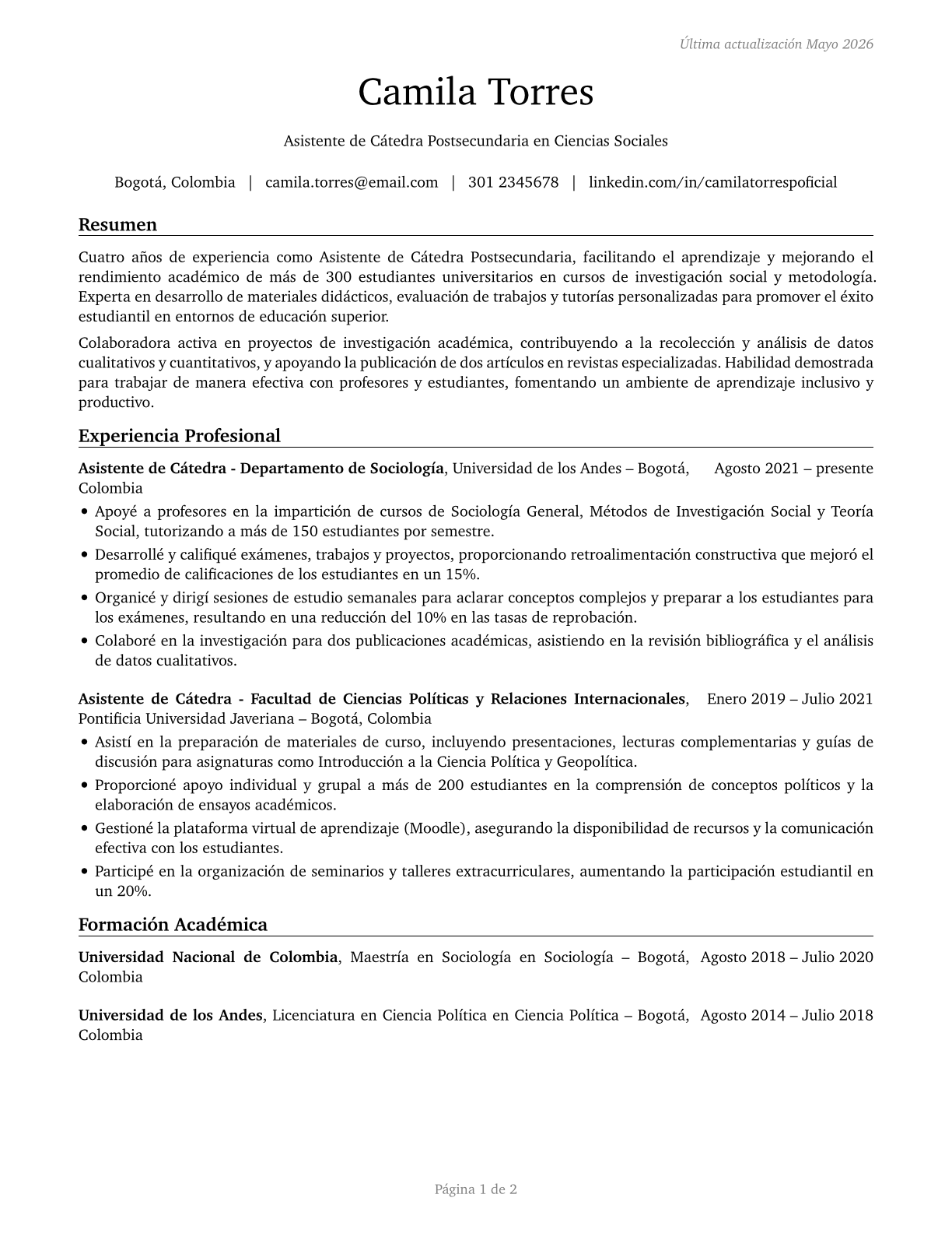 Teaching Assistants, Postsecondary CV in Spanish — page 1