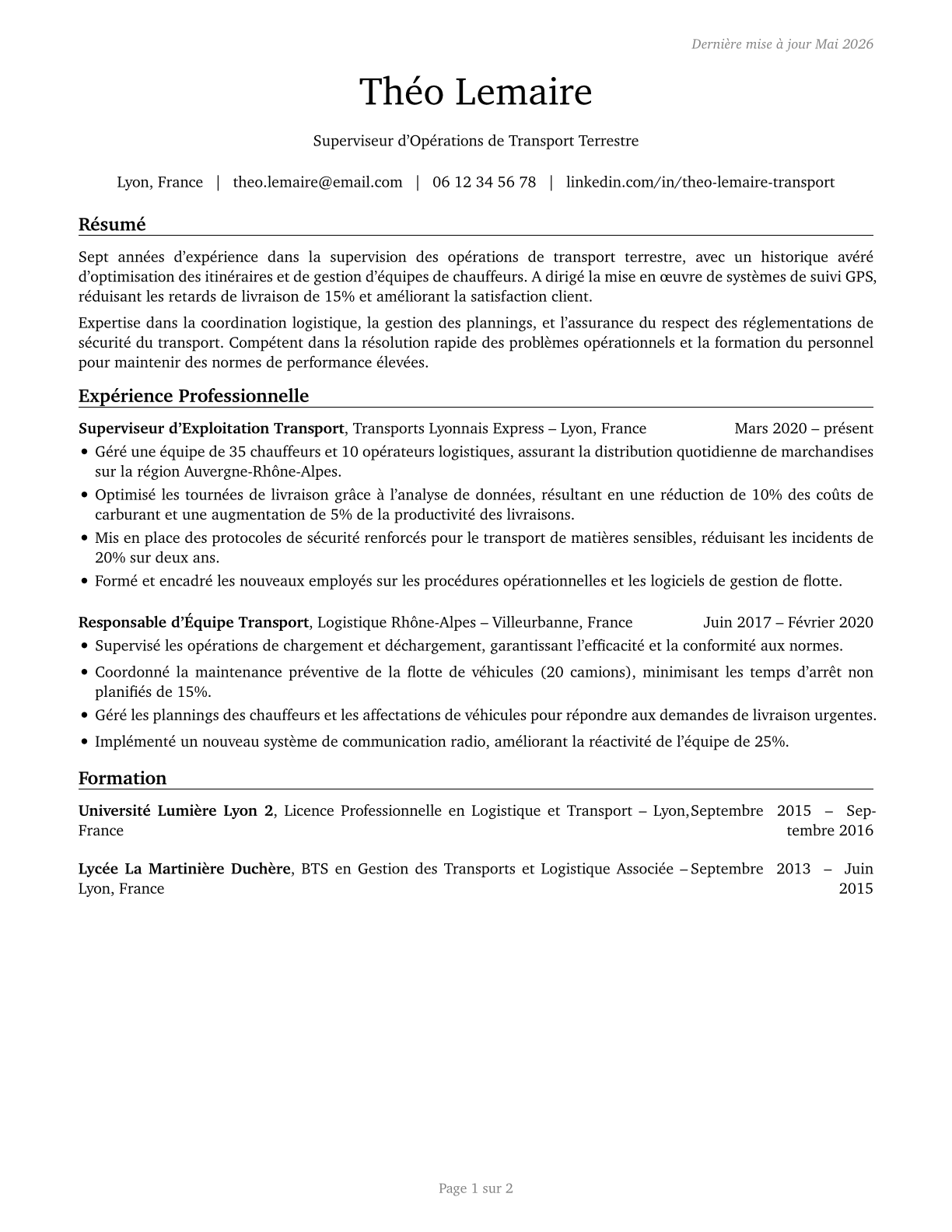 First-Line Supervisors of Transportation Workers, All Other CV in French — page 1