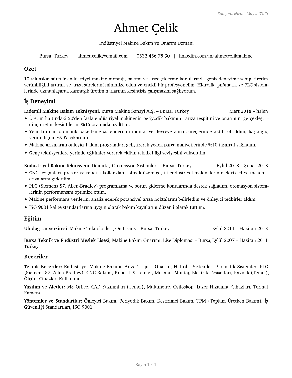 Industrial Machinery Mechanics CV in Turkish — page 1