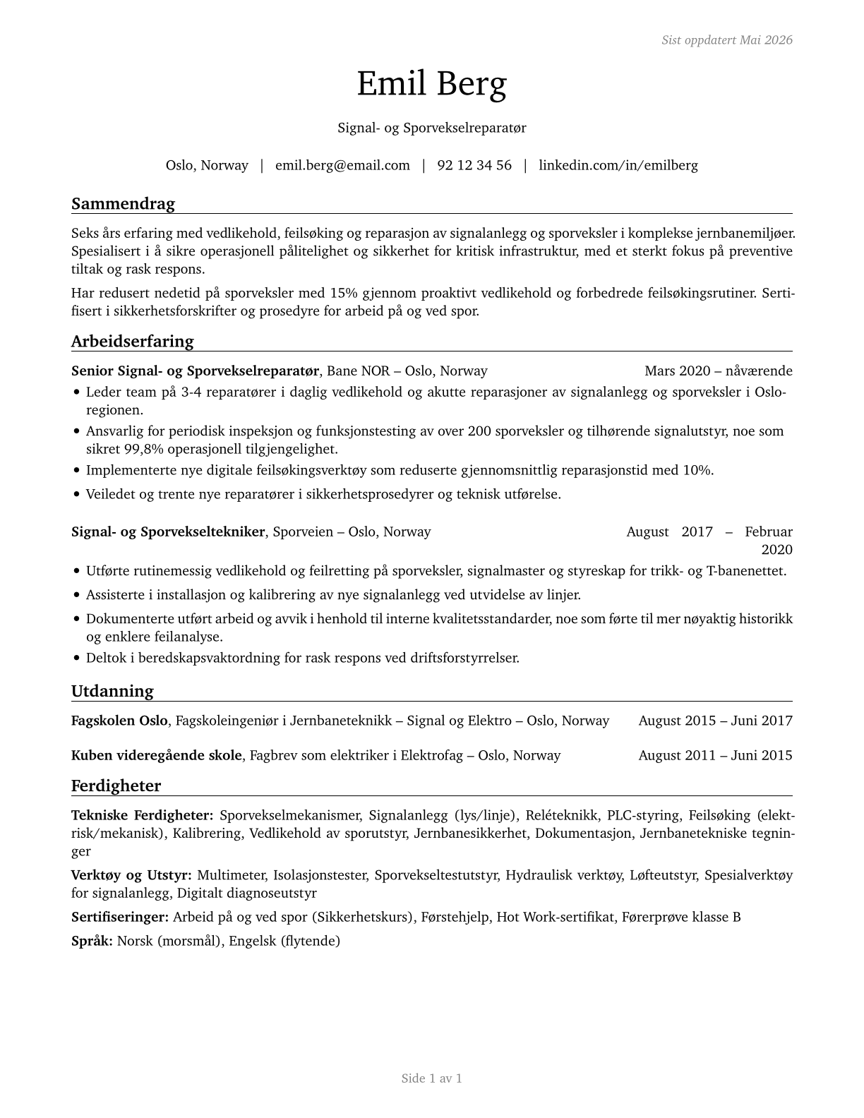 Signal and Track Switch Repairers CV in Norwegian_bokmal — page 1