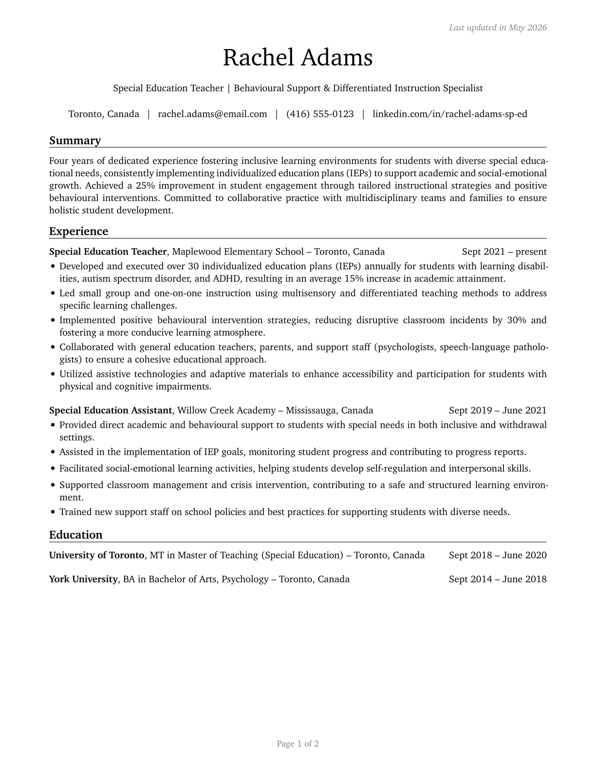 Special Education Teachers, All Other CV in English — page 1