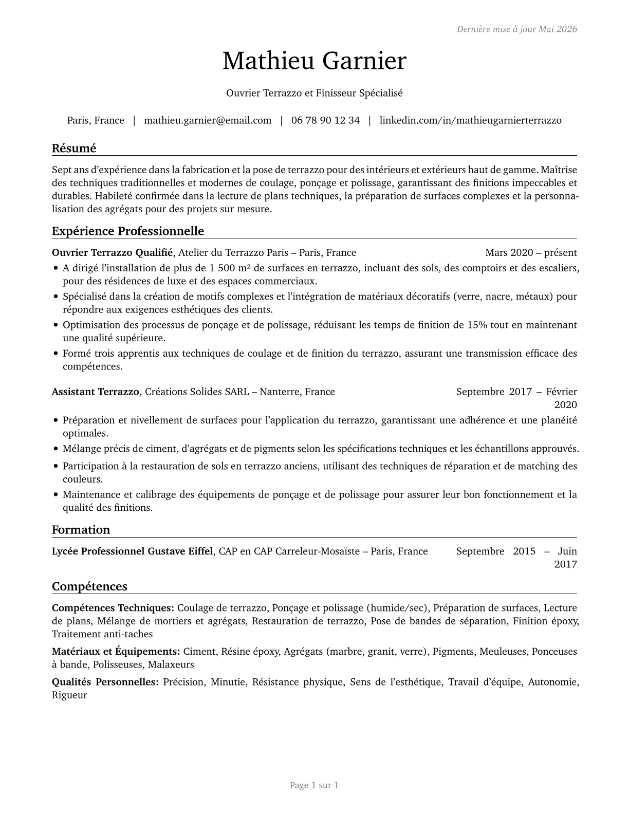 Terrazzo Workers and Finishers CV in French — page 1
