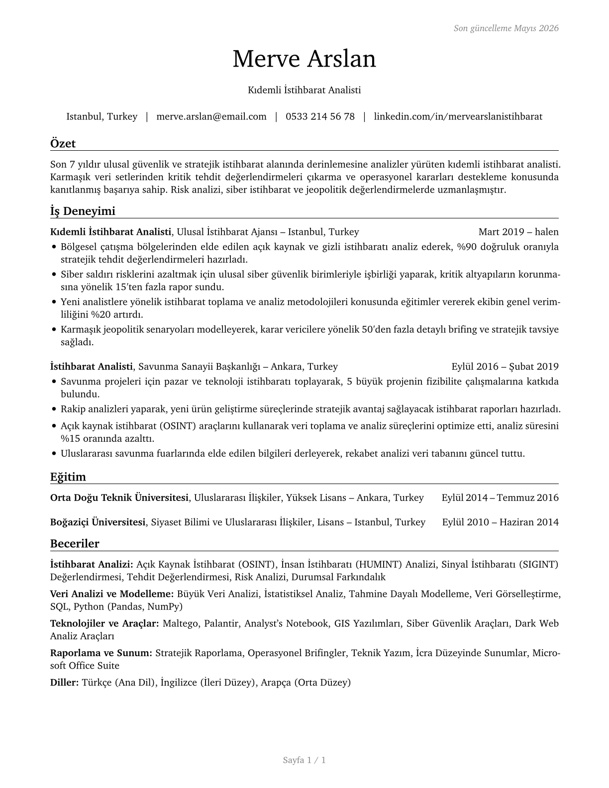 Intelligence Analysts CV in Turkish — page 1