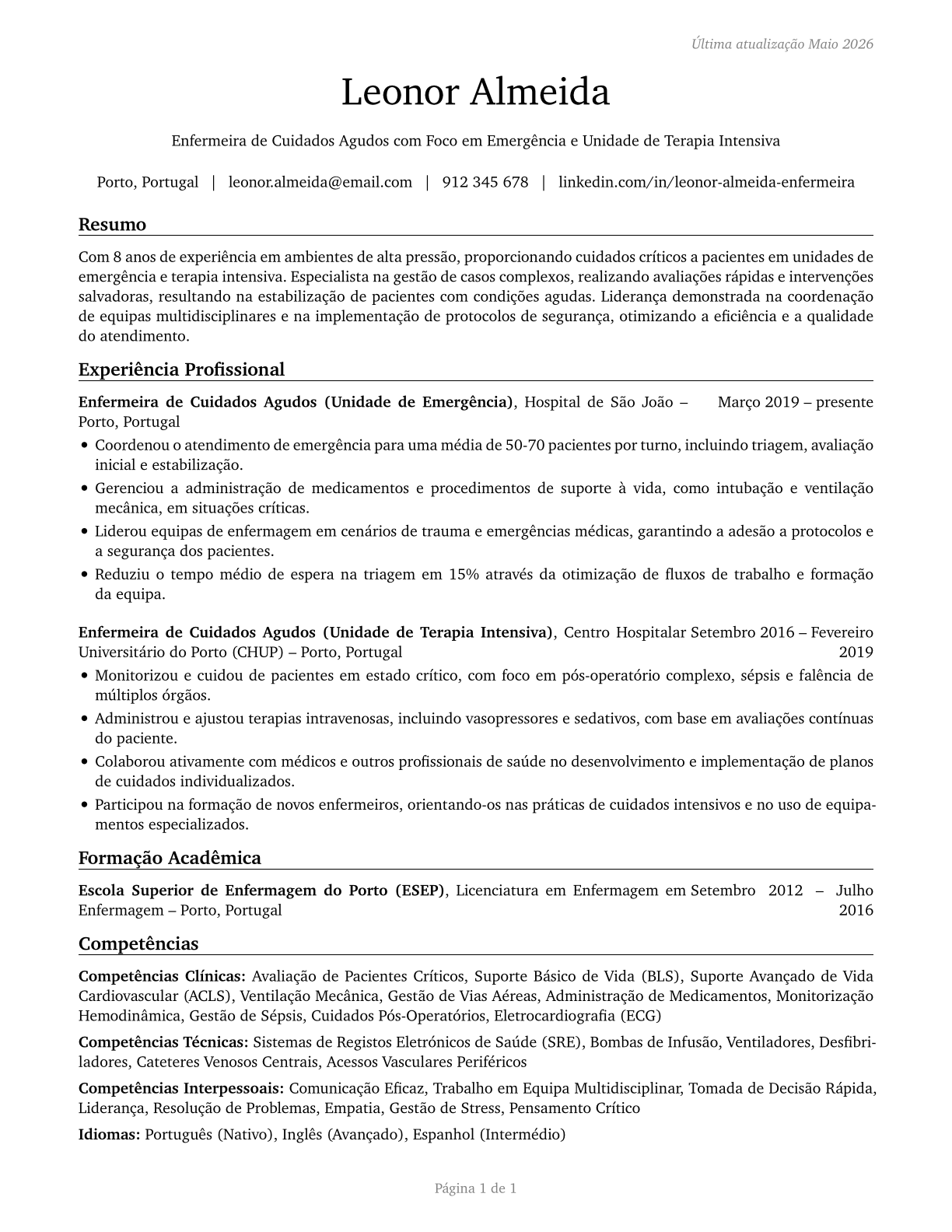 Acute Care Nurses CV in Portuguese — page 1