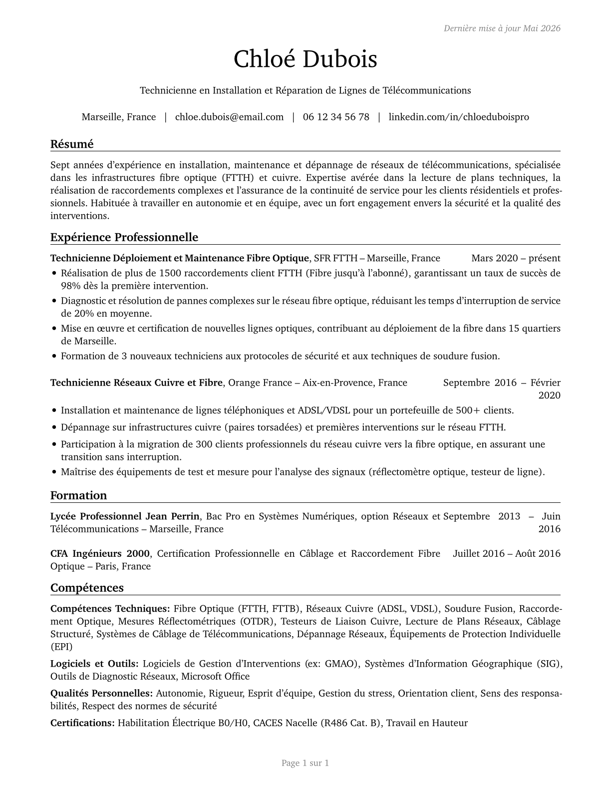 Telecommunications Line Installers and Repairers CV in French — page 1