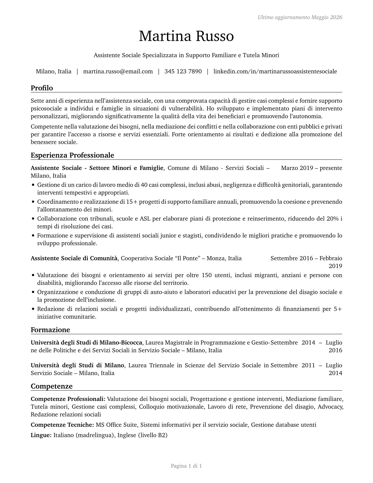Social Workers, All Other CV in Italian — page 1