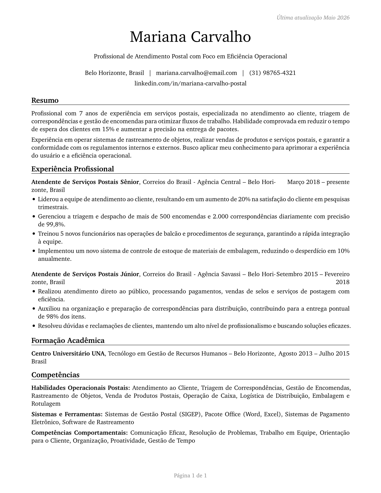 Postal Service Clerks CV in Portuguese — page 1