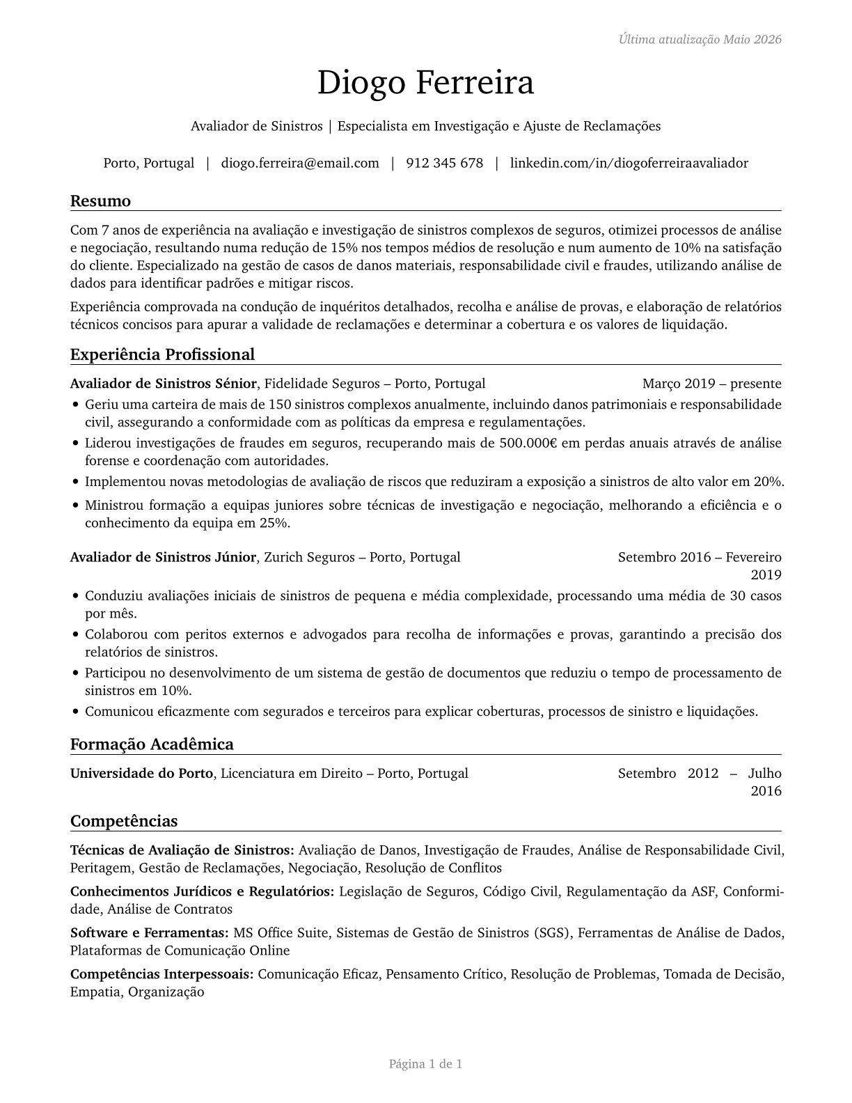 Claims Adjusters, Examiners, and Investigators CV in Portuguese — page 1