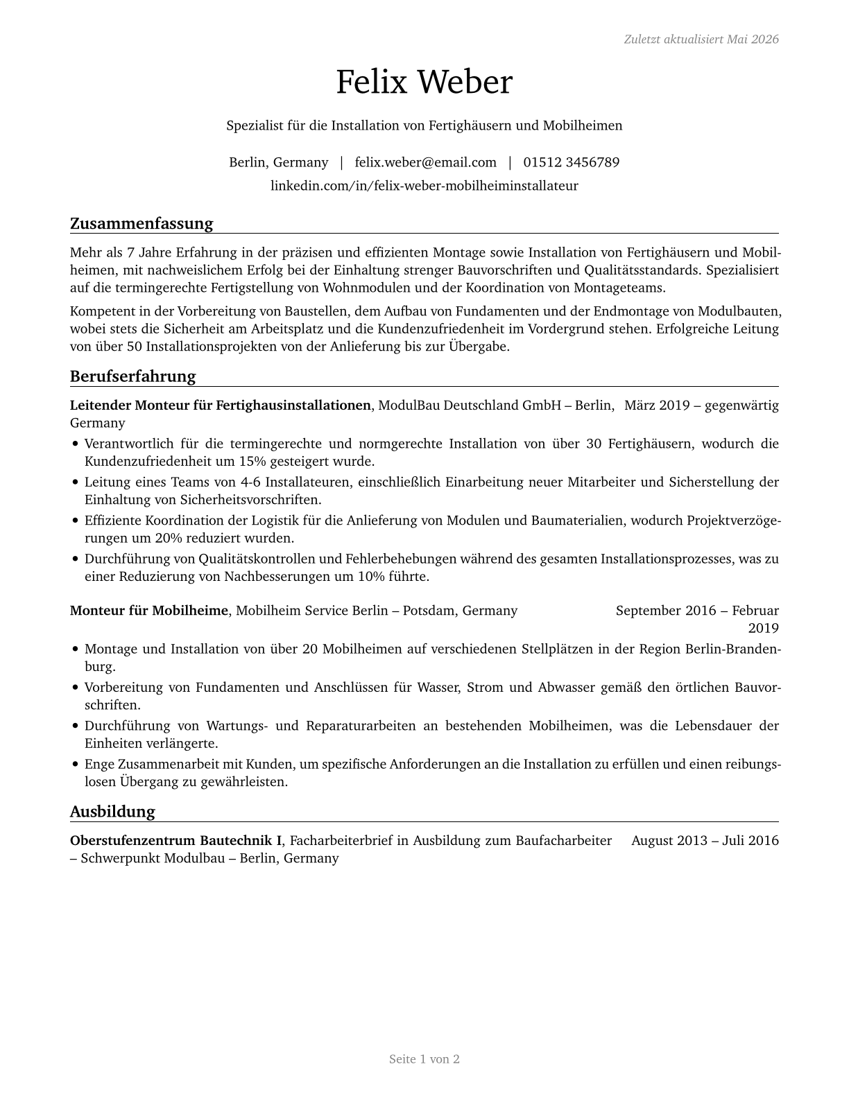 Manufactured Building and Mobile Home Installers CV in German — page 1