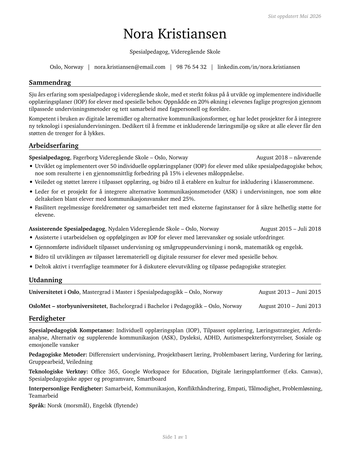 Special Education Teachers, Secondary School CV in Norwegian_bokmal — page 1