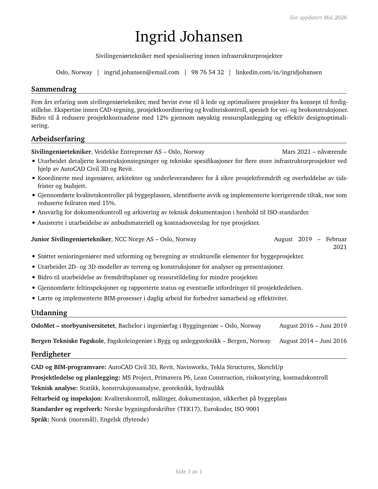 Civil Engineering Technologists and Technicians CV in Norwegian_bokmal — page 1