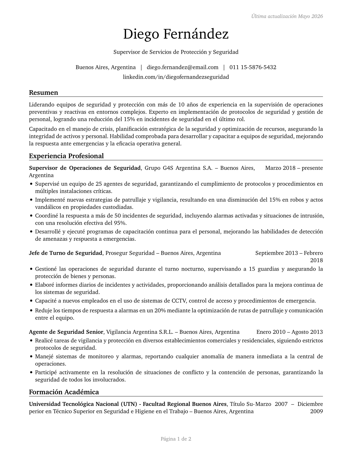 First-Line Supervisors of Protective Service Workers, All Other CV in Spanish — page 1