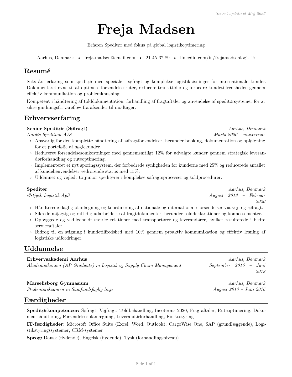 Freight Forwarders CV in Danish — page 1