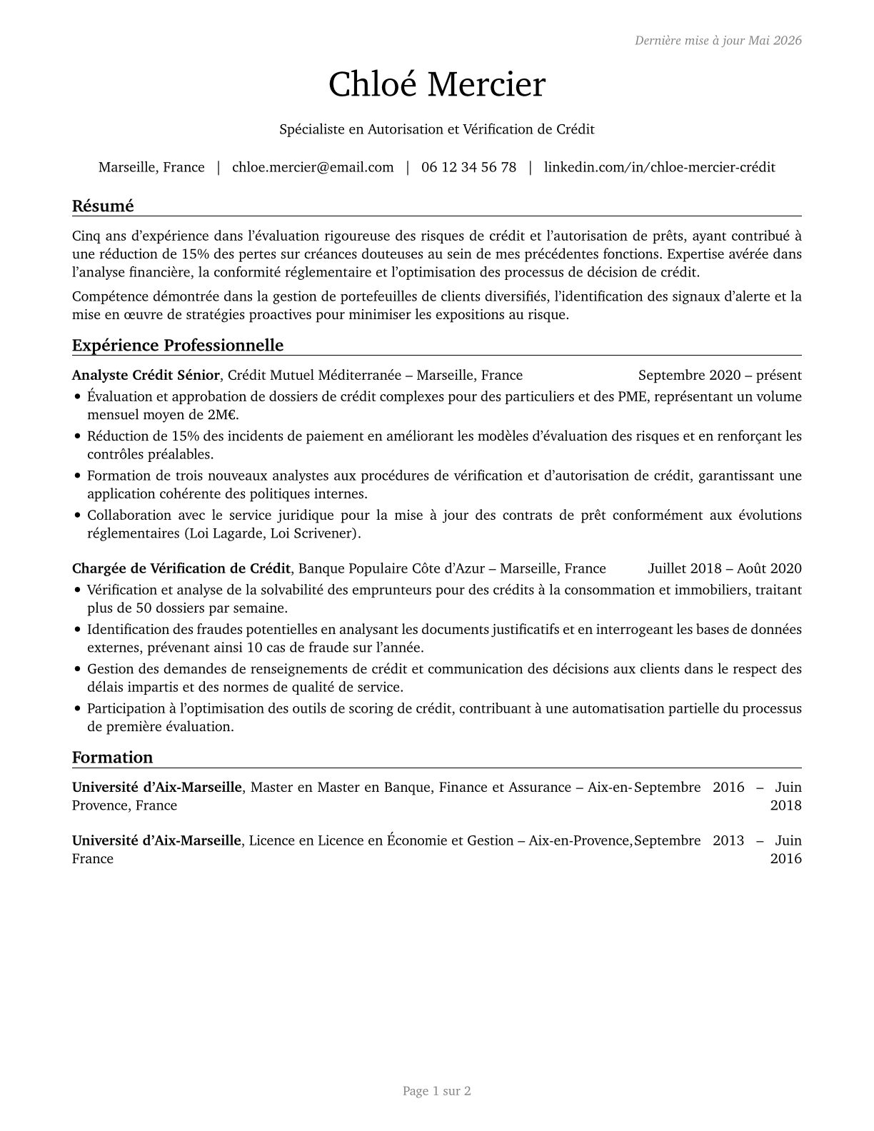 Credit Authorizers, Checkers, and Clerks CV in French — page 1