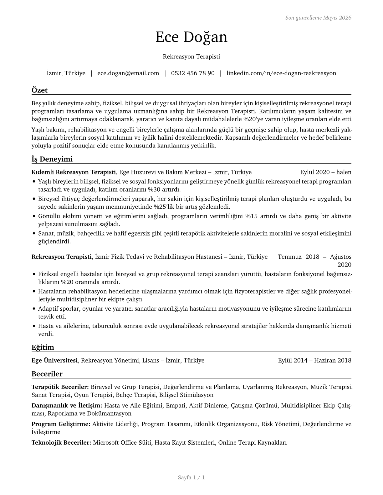 Recreational Therapists CV in Turkish — page 1