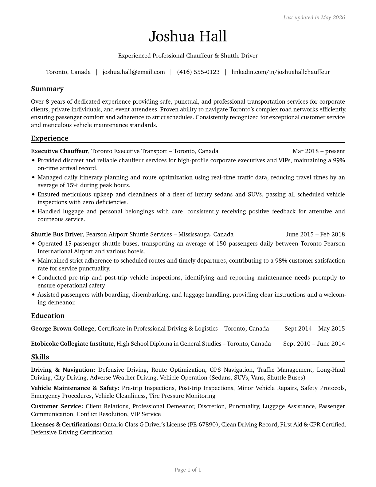 Shuttle Drivers and Chauffeurs CV in English — page 1