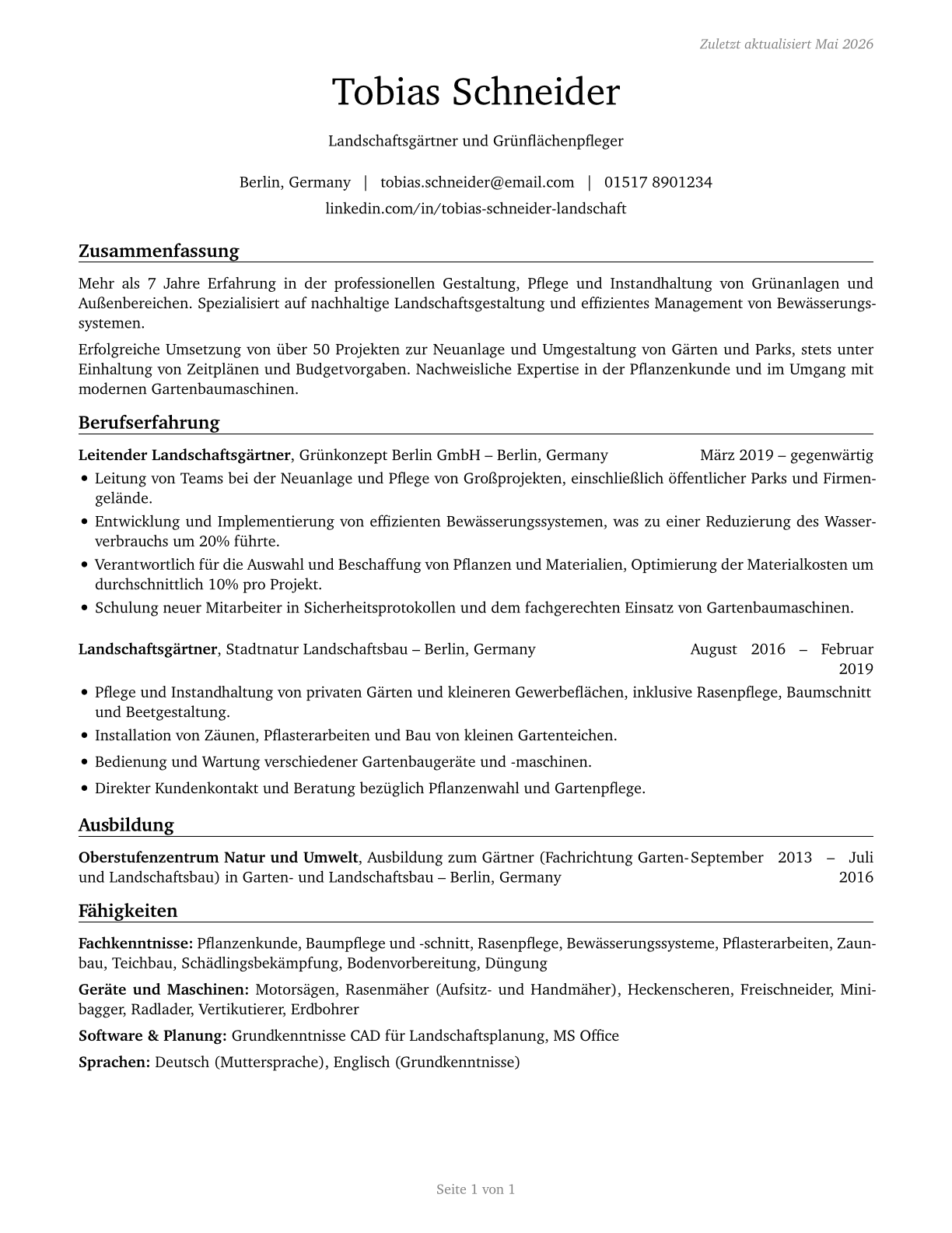 Landscaping and Groundskeeping Workers CV in German — page 1