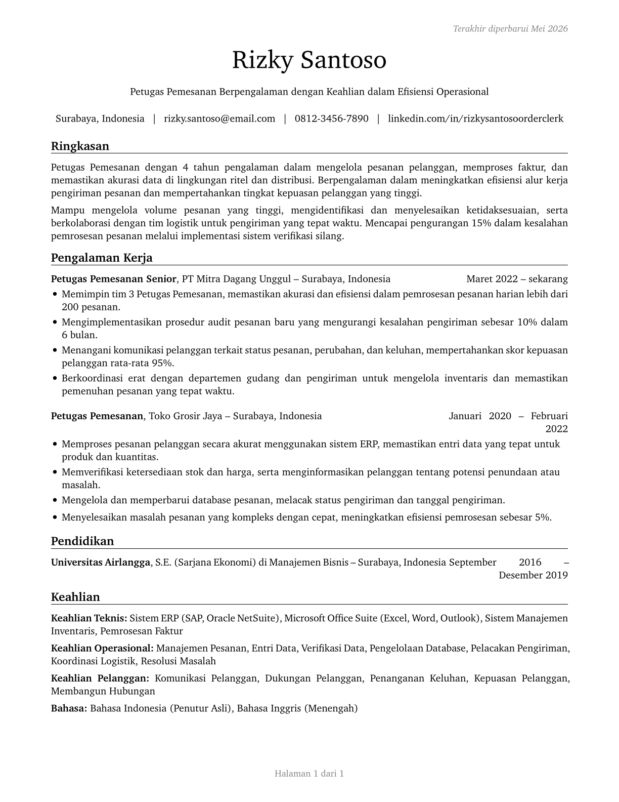 Order Clerks CV in Indonesian — page 1