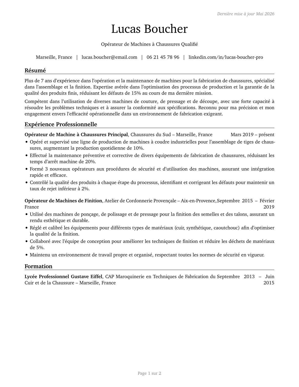 Shoe Machine Operators and Tenders CV in French — page 1