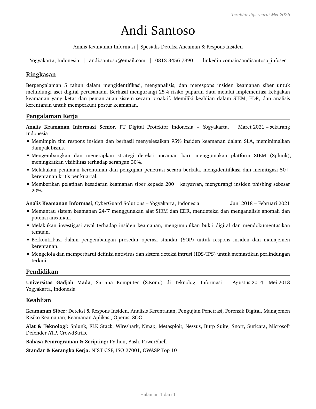 Information Security Analysts CV in Indonesian — page 1