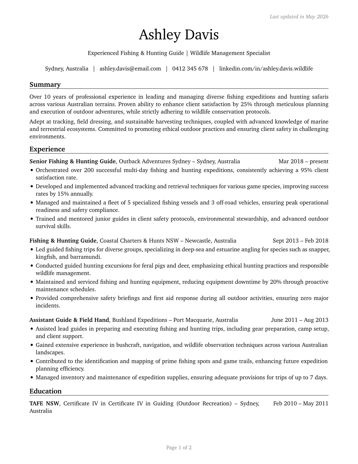Fishing and Hunting Workers CV in English — page 1