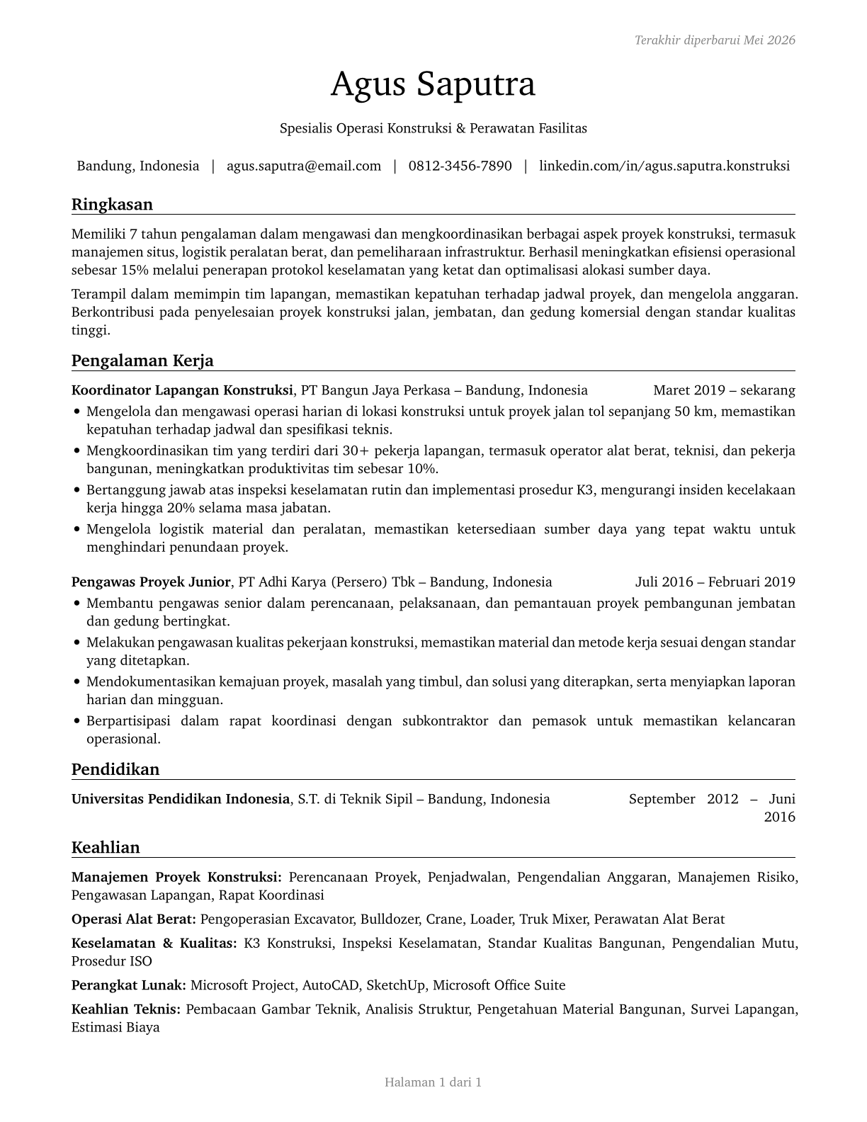 Construction and Related Workers, All Other CV in Indonesian — page 1