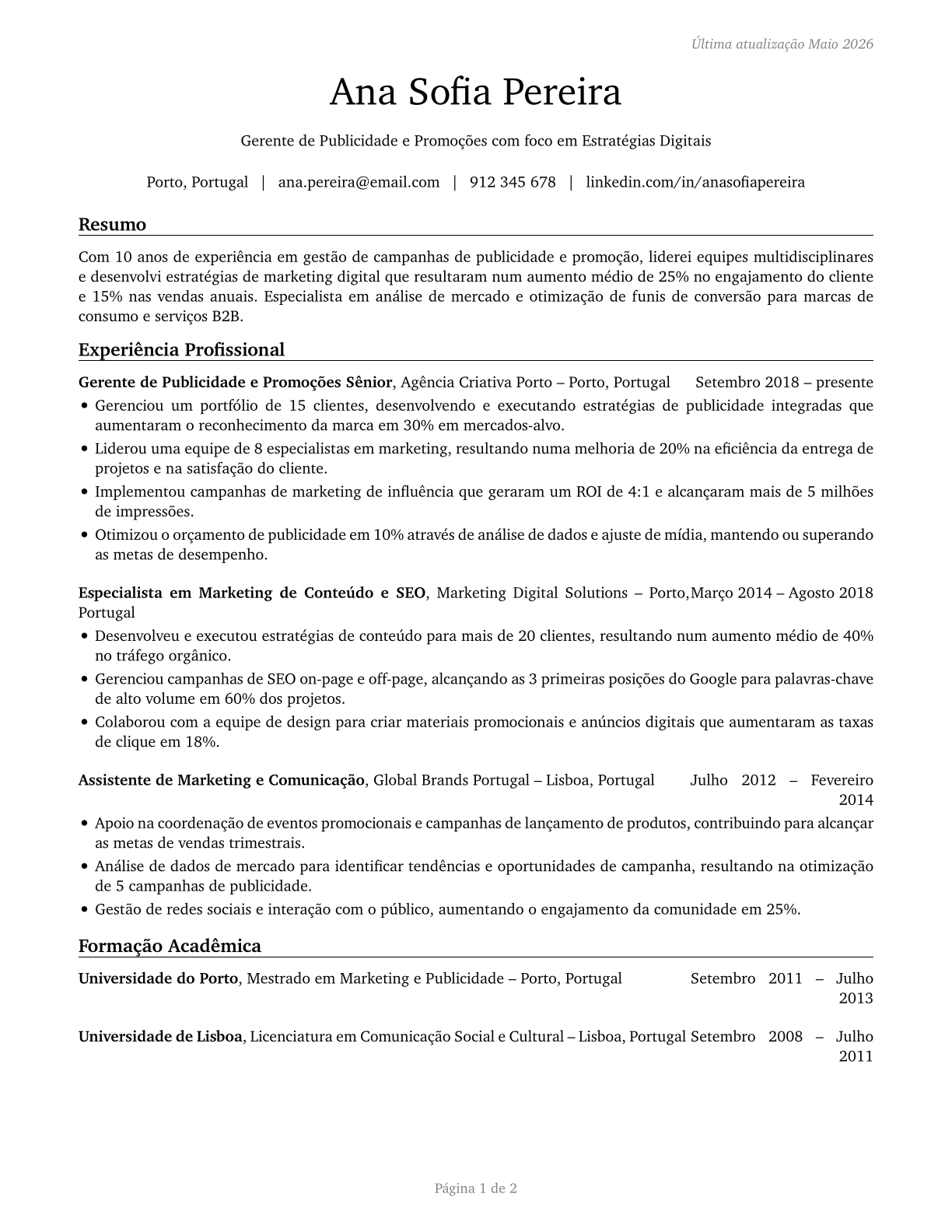 Advertising and Promotions Managers CV in Portuguese — page 1