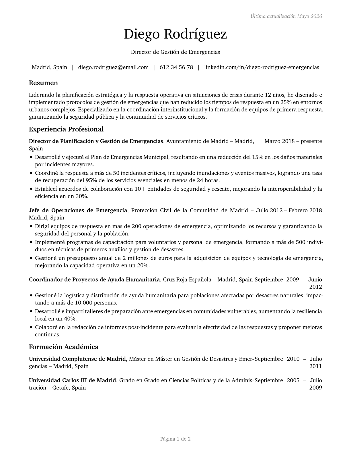 Emergency Management Directors CV in Spanish — page 1