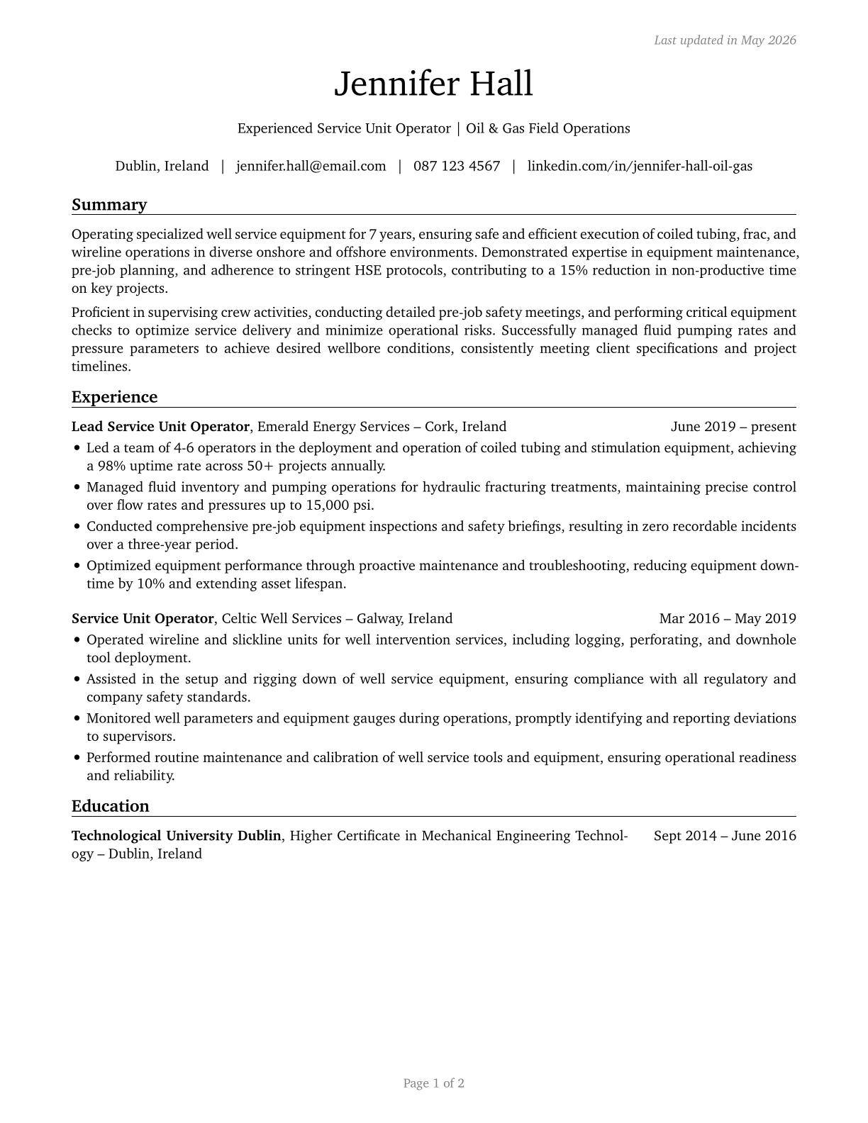 Service Unit Operators, Oil and Gas CV in English — page 1
