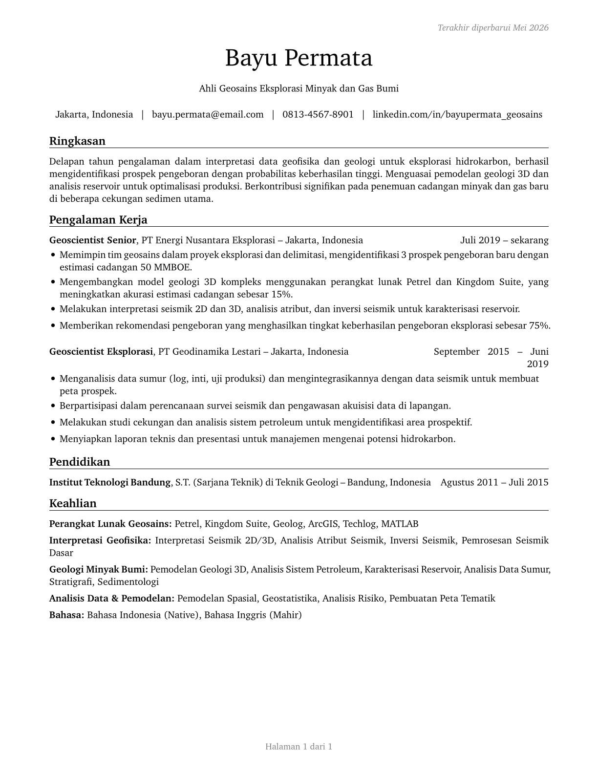Geoscientists, Except Hydrologists and Geographers CV in Indonesian — page 1