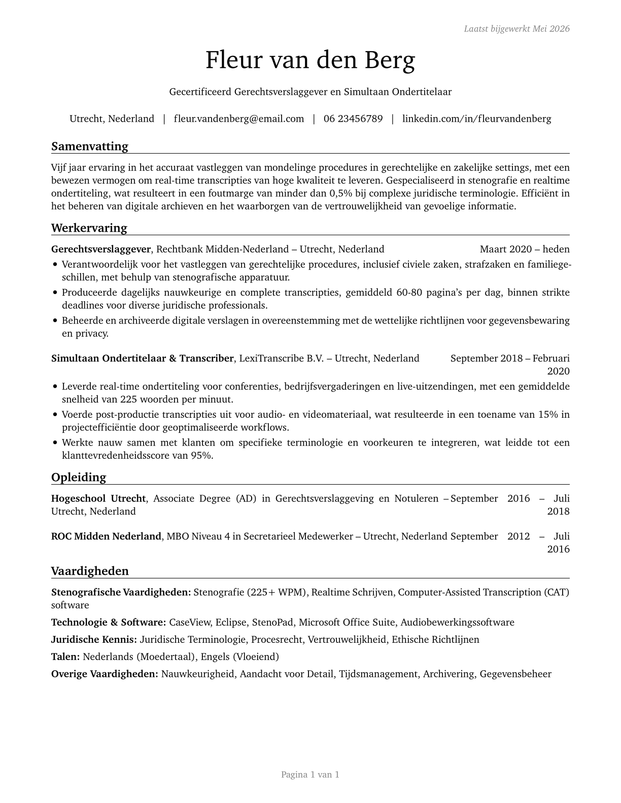 Court Reporters and Simultaneous Captioners CV in Dutch — page 1