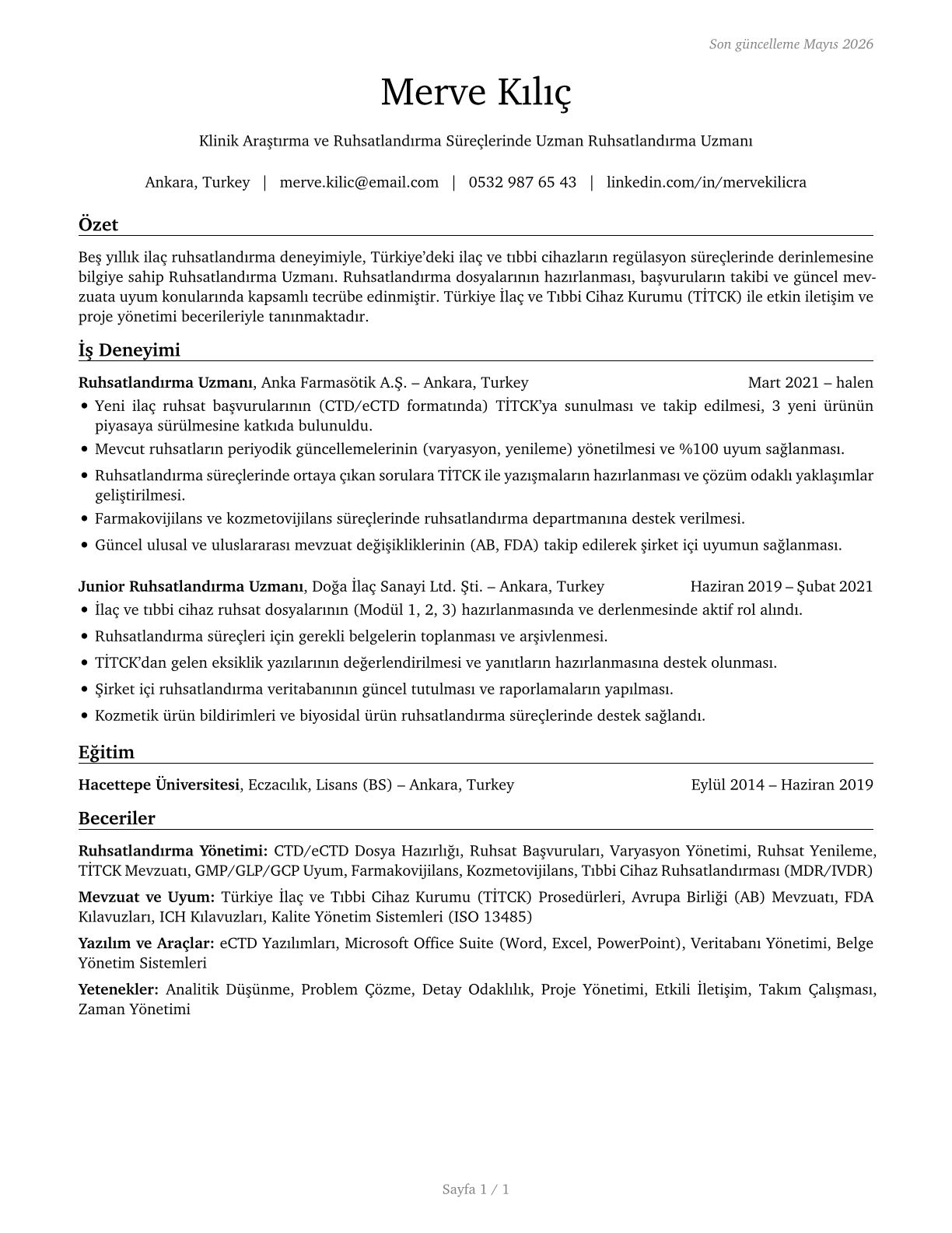 Regulatory Affairs Specialists CV in Turkish — page 1