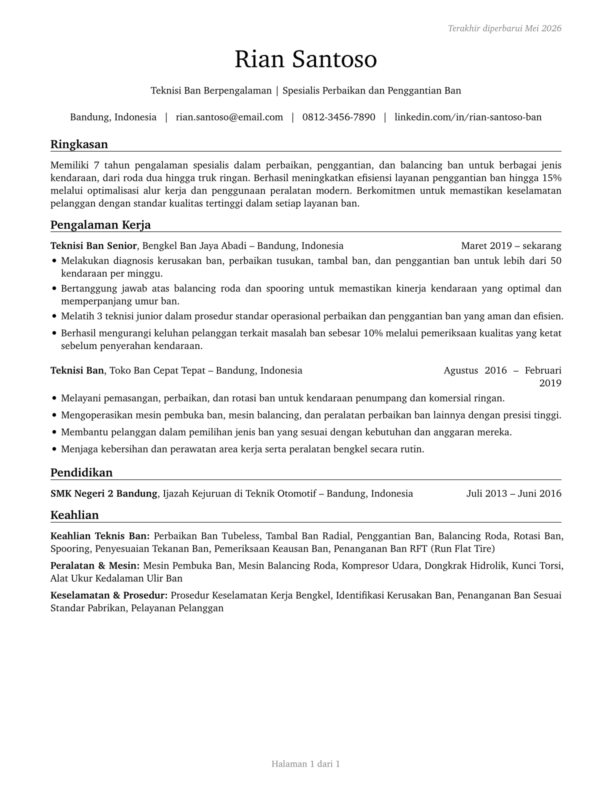 Tire Repairers and Changers CV in Indonesian — page 1