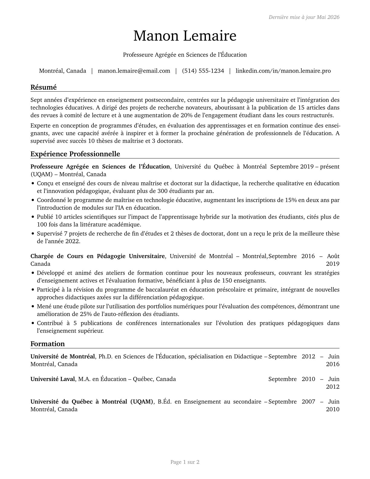 Education Teachers, Postsecondary CV in French — page 1