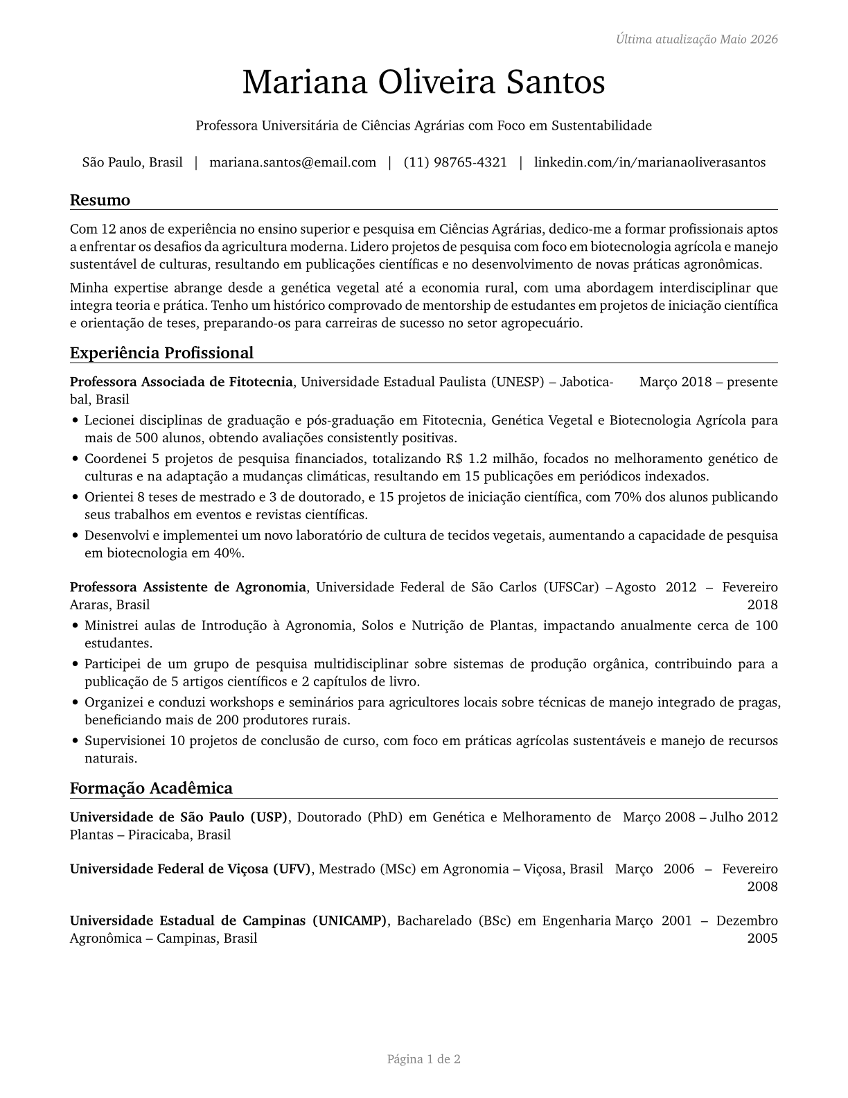 Agricultural Sciences Teachers, Postsecondary CV in Portuguese — page 1