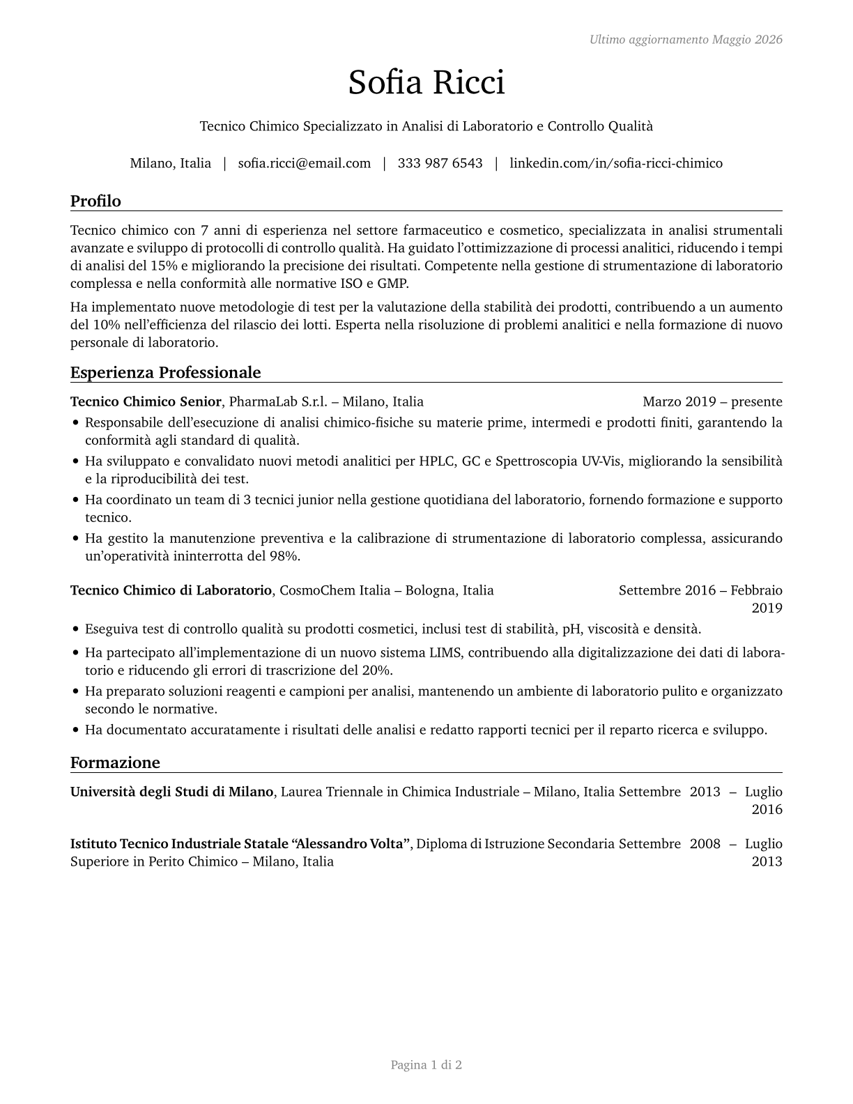 Chemical Technicians CV in Italian — page 1