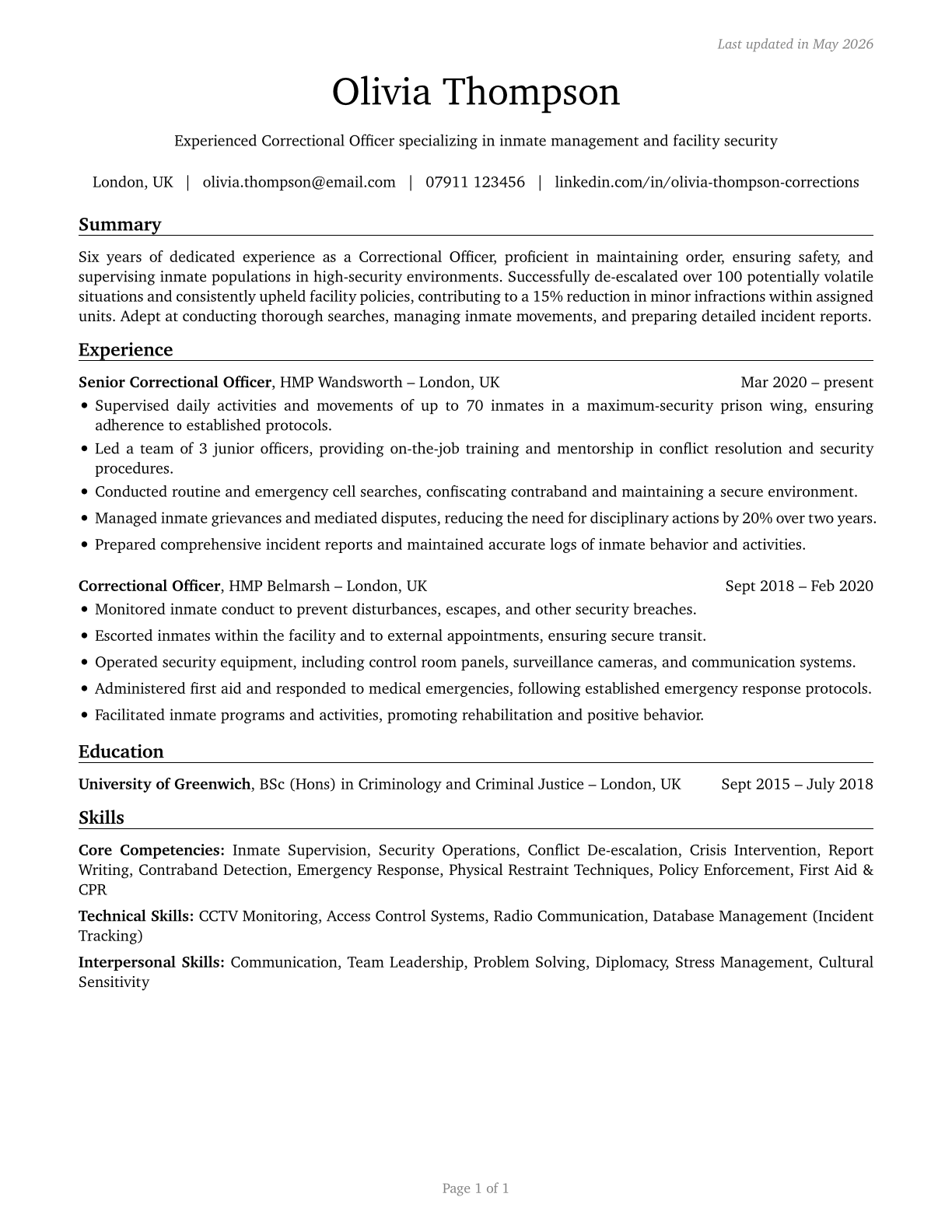 Correctional Officers and Jailers CV in English — page 1