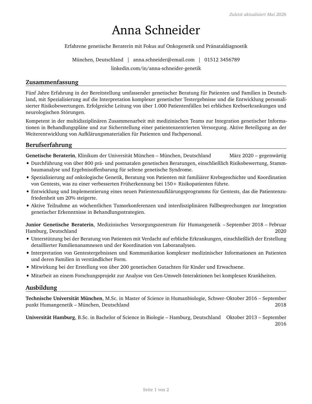 Genetic Counselors CV in German — page 1