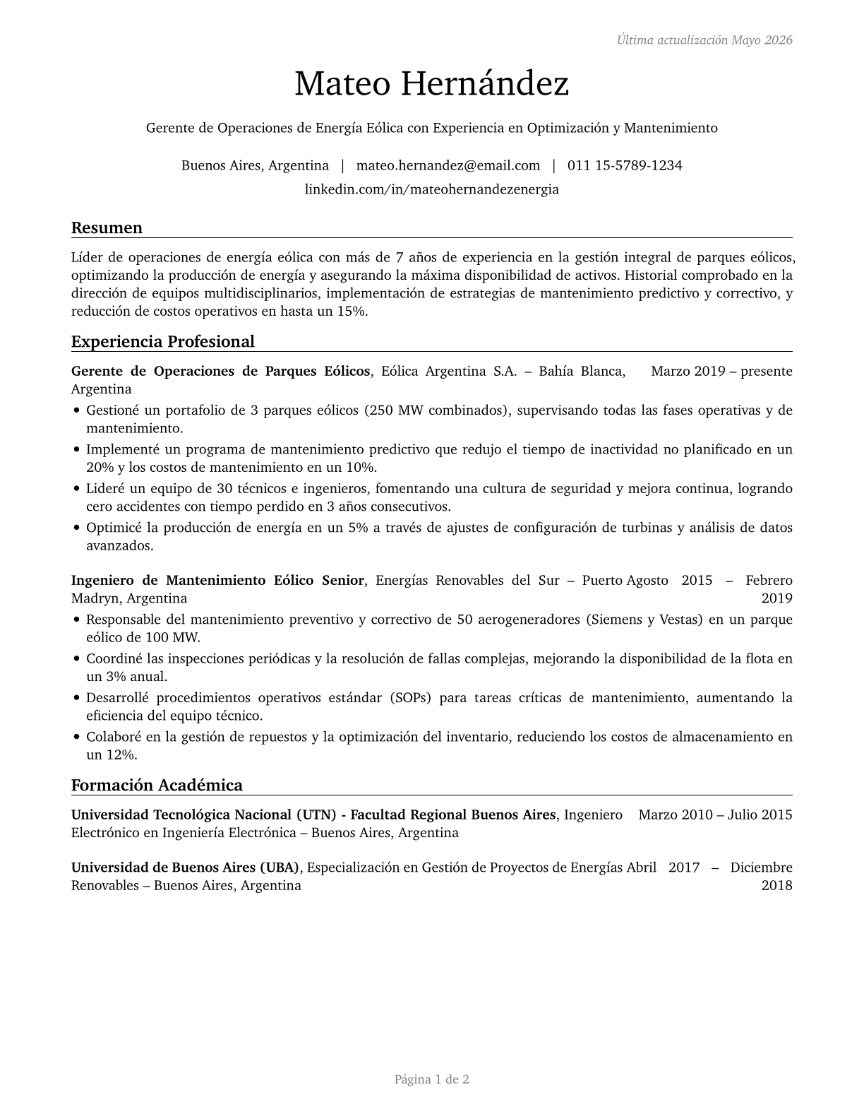 Wind Energy Operations Managers CV in Spanish — page 1