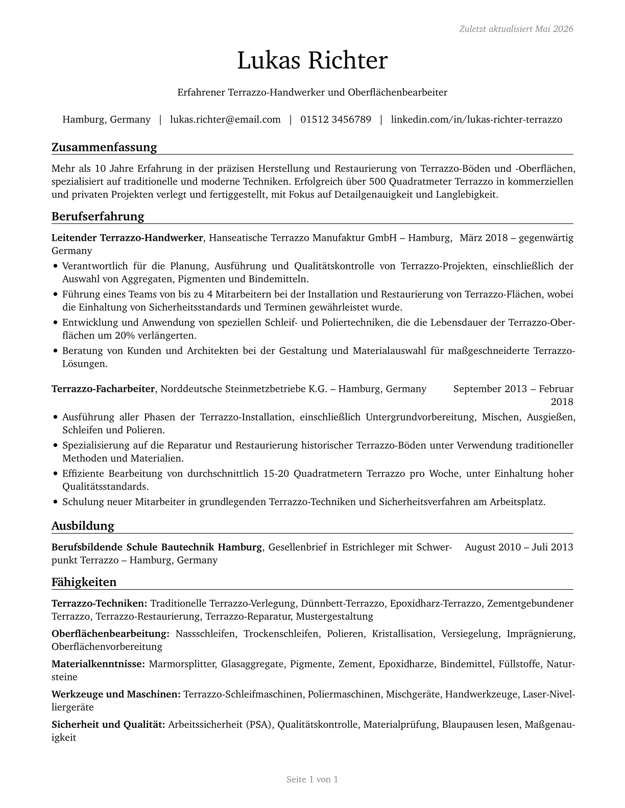 Terrazzo Workers and Finishers CV in German — page 1