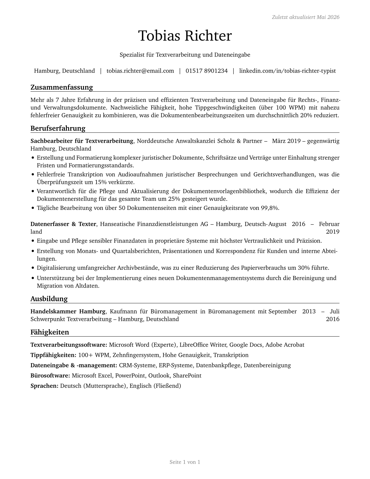 Word Processors and Typists CV in German — page 1