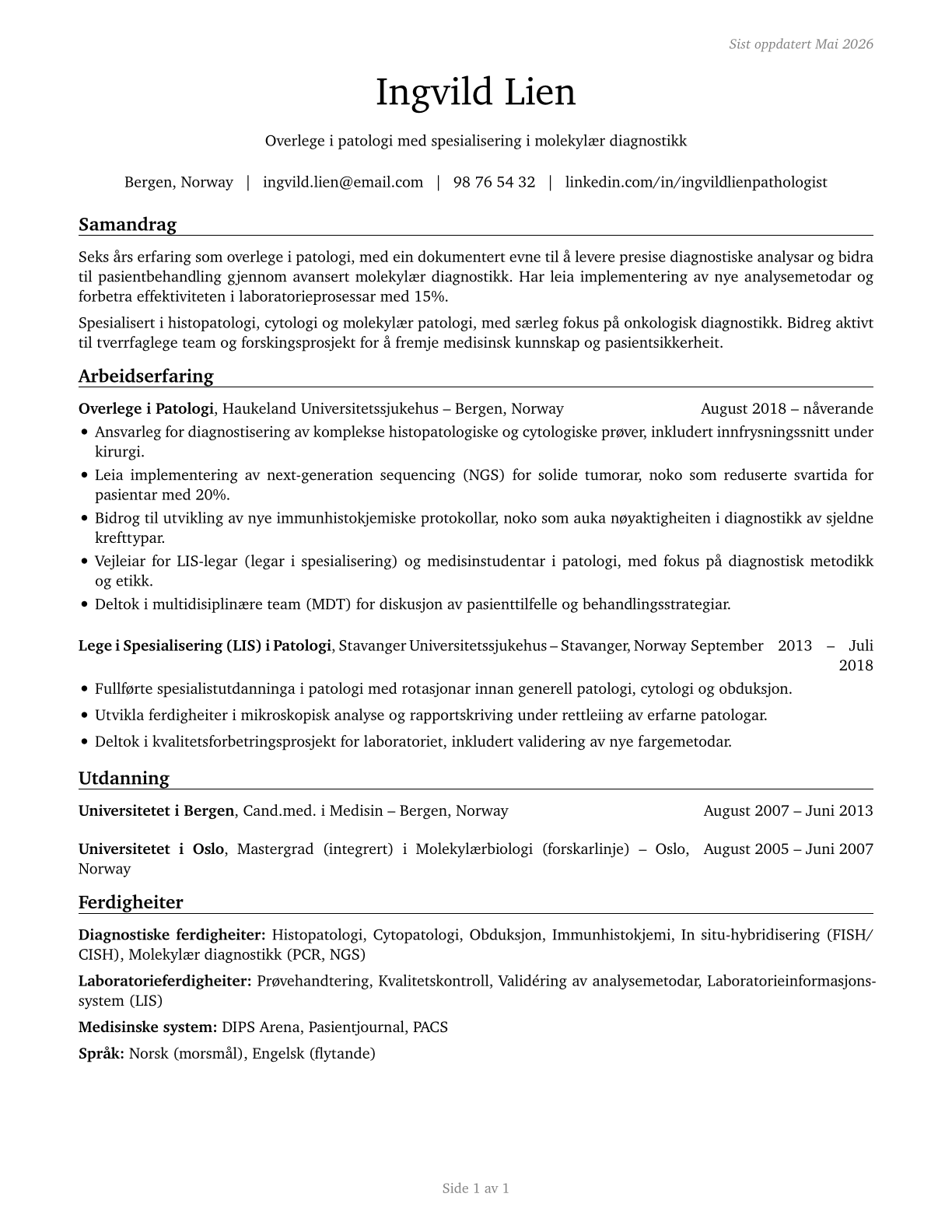 Physicians, Pathologists CV in Norwegian_nynorsk — page 1