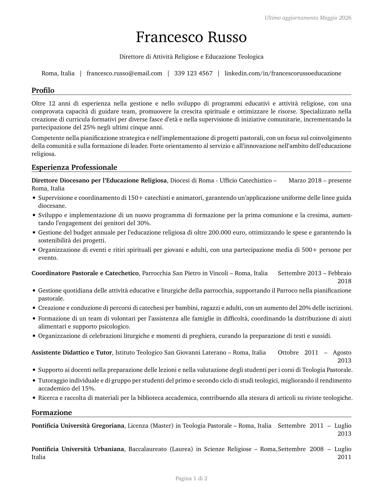 Directors, Religious Activities and Education CV in Italian — page 1