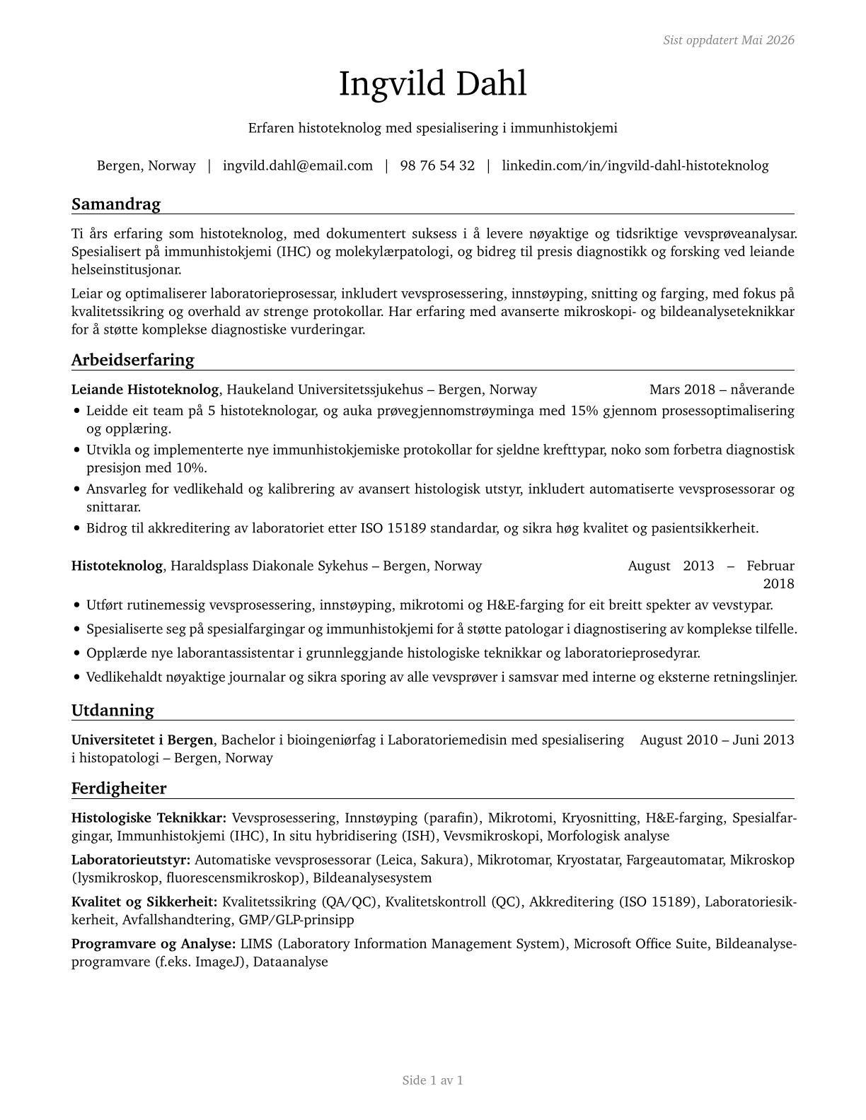 Histotechnologists CV in Norwegian_nynorsk — page 1