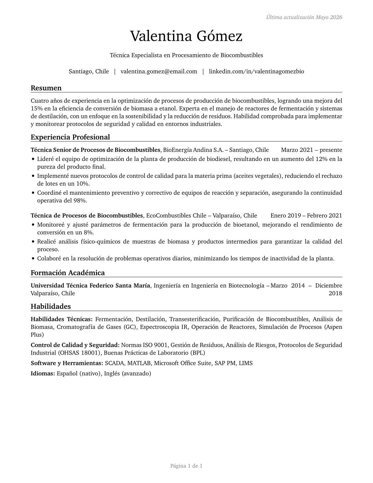 Biofuels Processing Technicians CV in Spanish — page 1