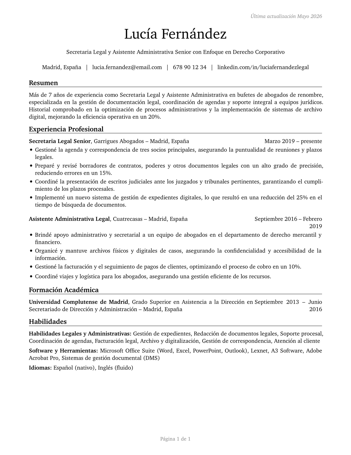 Legal Secretaries and Administrative Assistants CV in Spanish — page 1