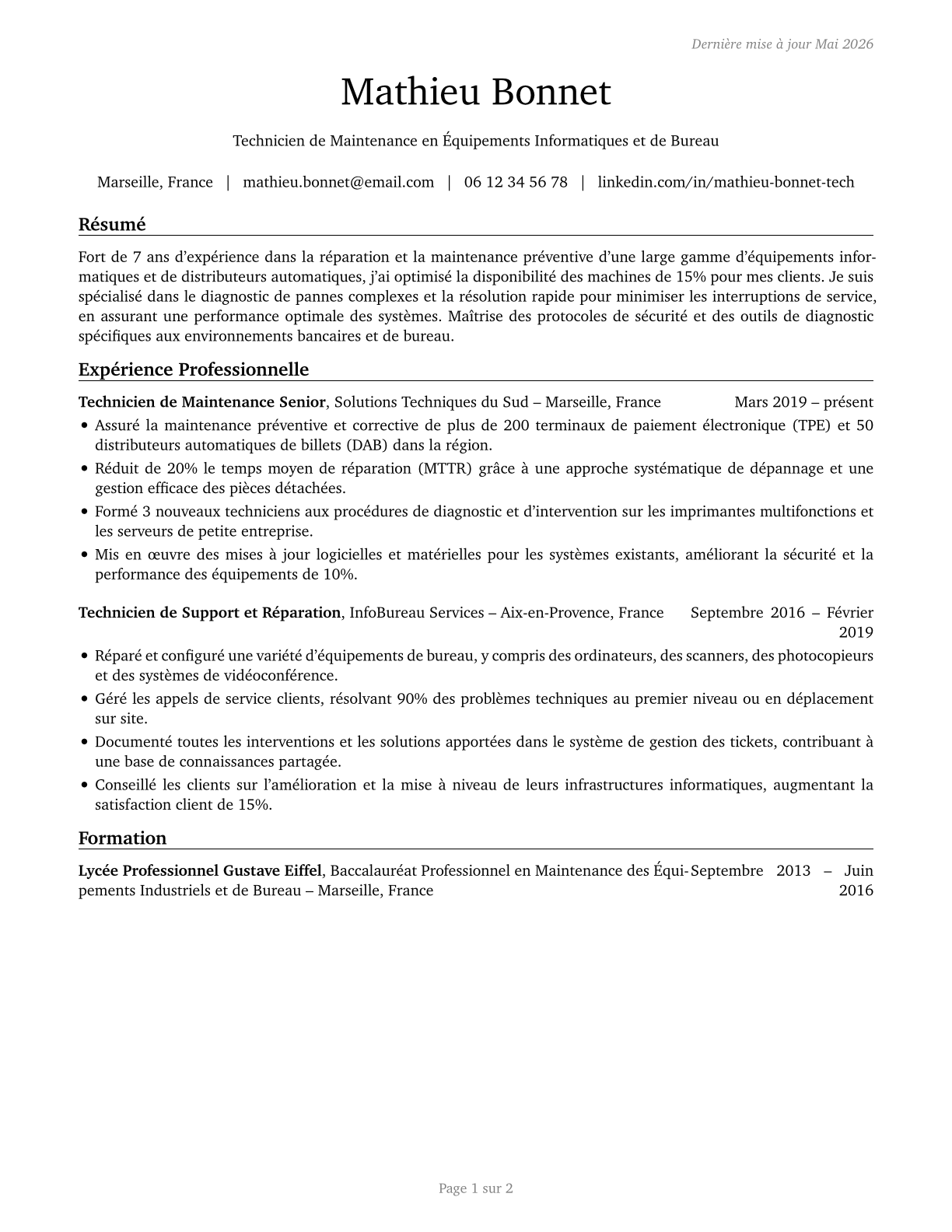 Computer, Automated Teller, and Office Machine Repairers CV in French — page 1