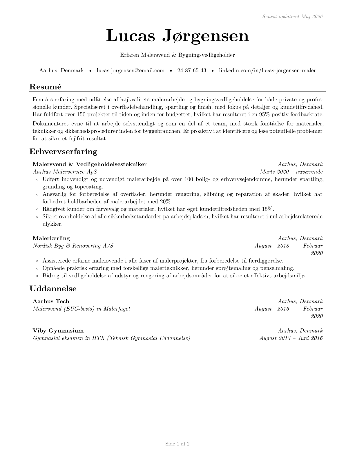 Painters, Construction and Maintenance CV in Danish — page 1