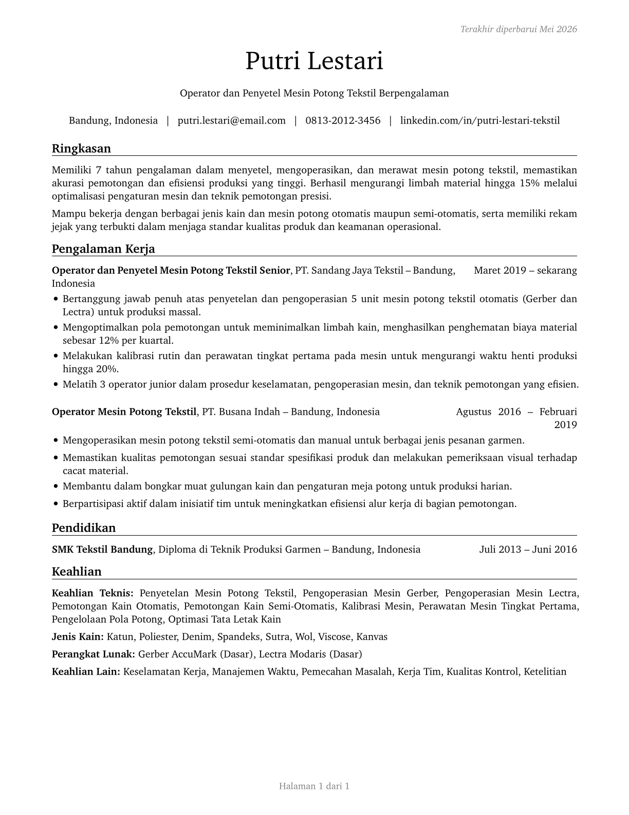 Textile Cutting Machine Setters, Operators, and Tenders CV in Indonesian — page 1