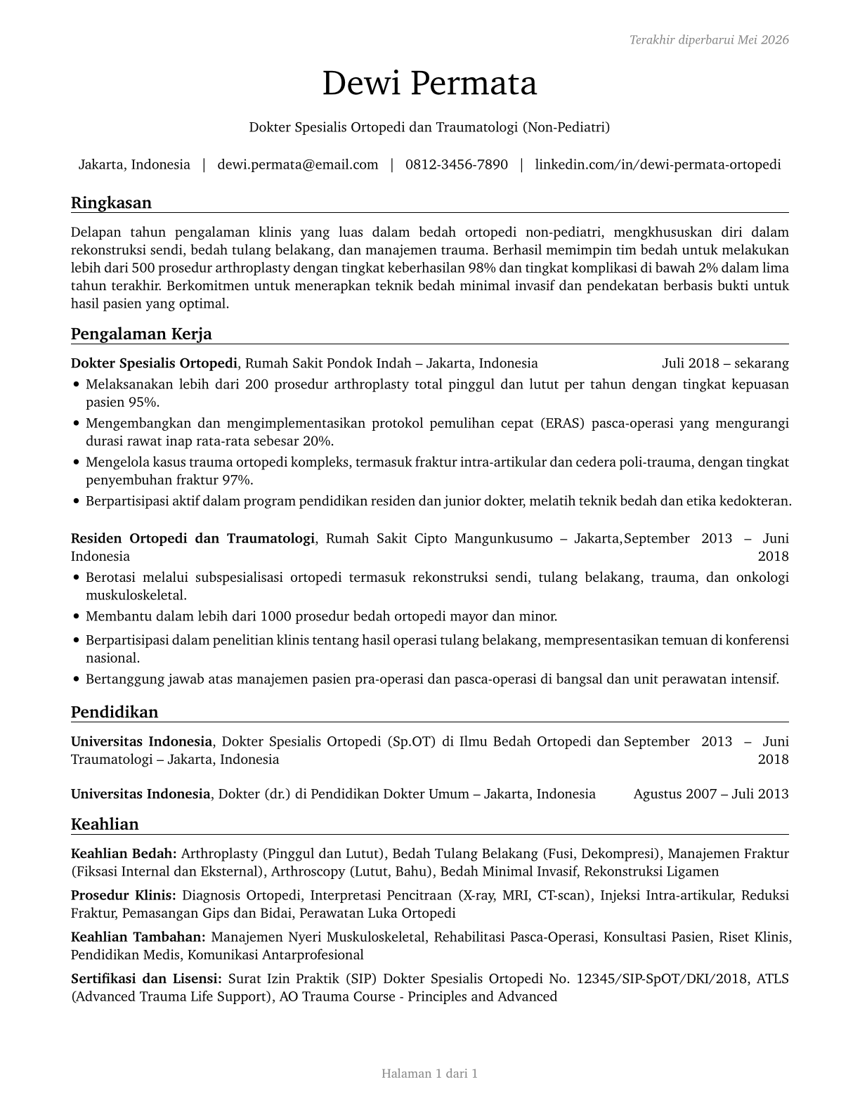 Orthopedic Surgeons, Except Pediatric CV in Indonesian — page 1